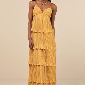 Lulus Kanya Marigold Yellow Satin Plisse Tiered Maxi Dress - Size M